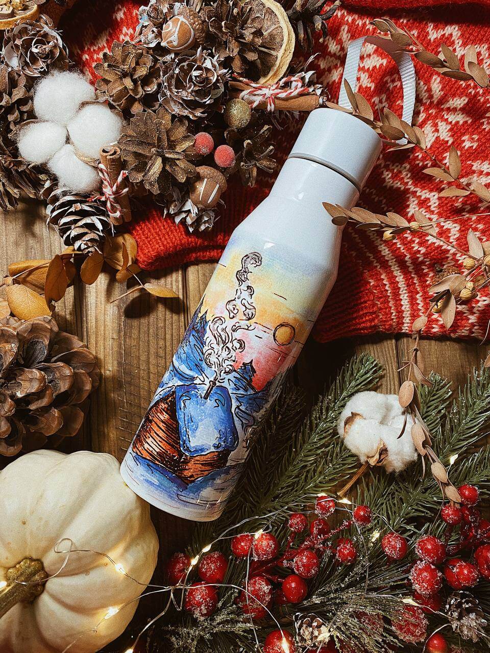 "Winter House" Thermos Bottle. You can choose the shape and volume