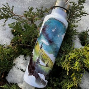 “sunset in the mountains” Thermos Bottle. You can choose the shape and volume