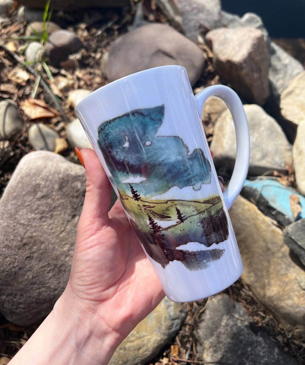 "evening in the mountains" Сeramic Mugs. You can choose the shape and volume