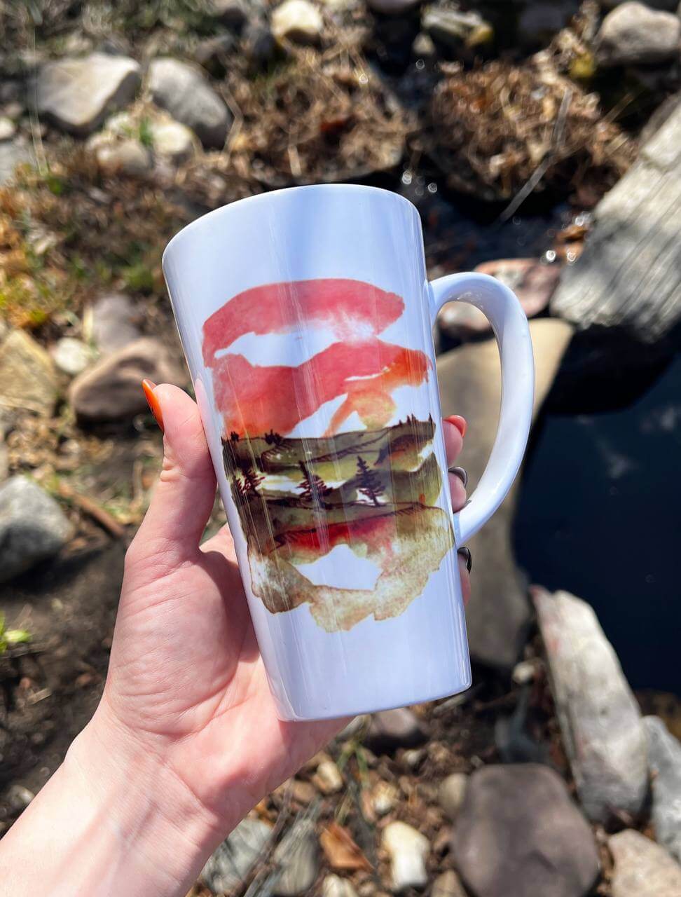 " morning in the mountains" Сeramic Mugs. You can choose the shape and volume